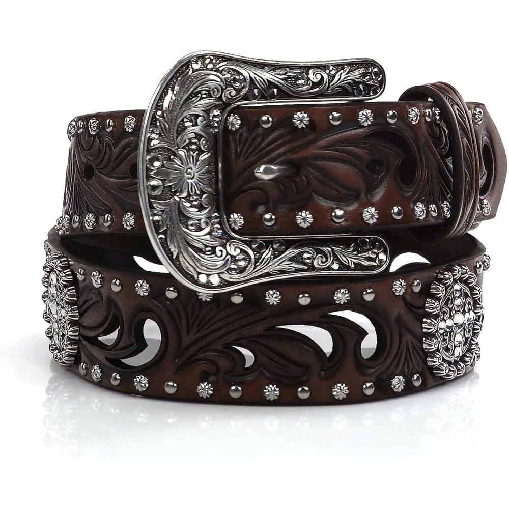 Ariat Women's Brown Leather Concho Belt 1.5" Floral Buckle Rhinestone Studs NWOT